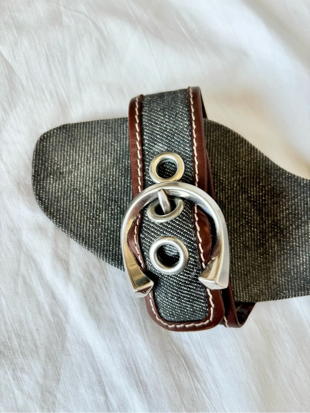 PRADA VINTAGE Silver Buckle Dark Blue Denim Leather Slide Sandals IT Size 38 1/2